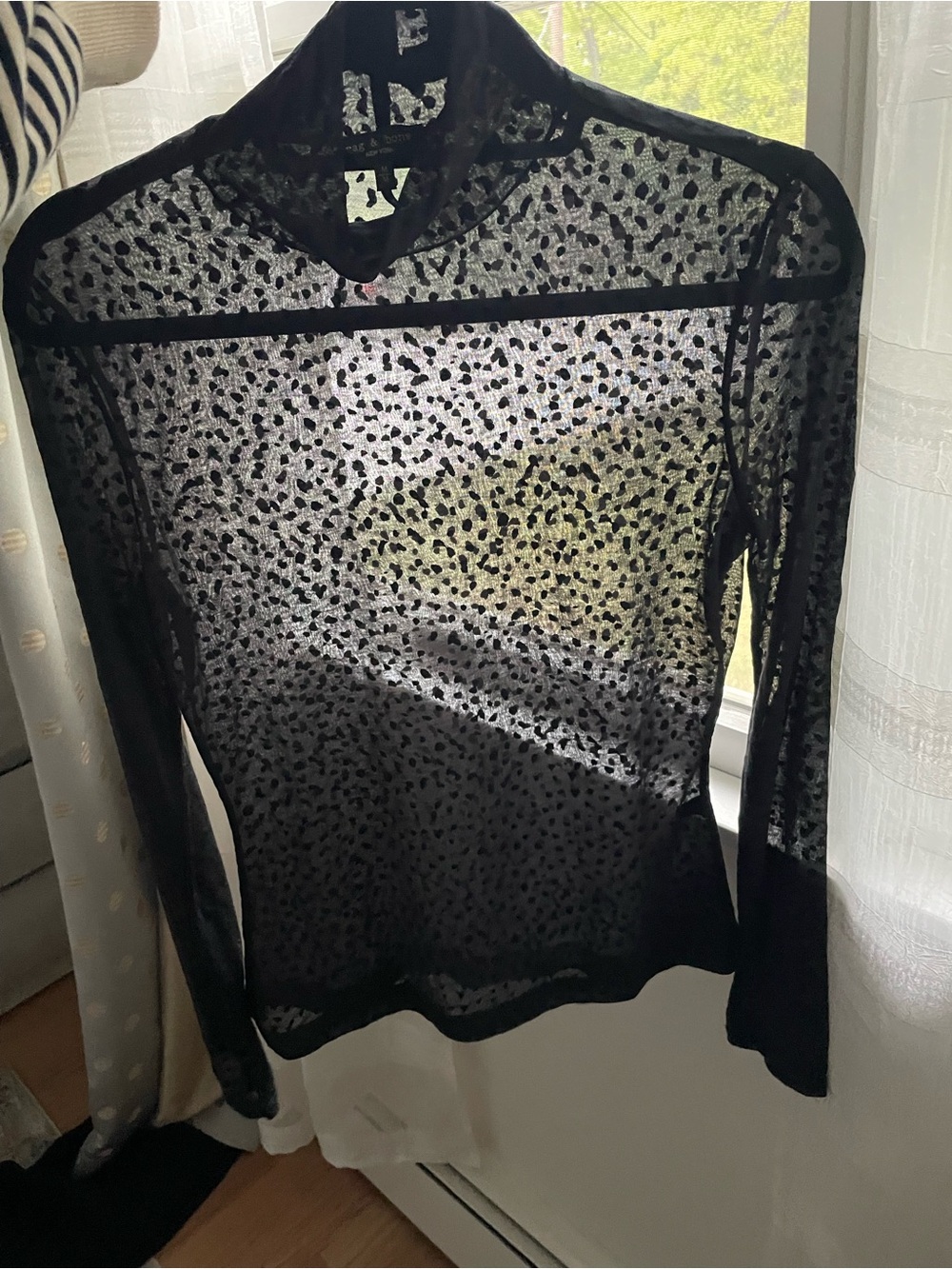 Rag and bone Black Sheer Leopard-Print Long Sleeve turtleneck